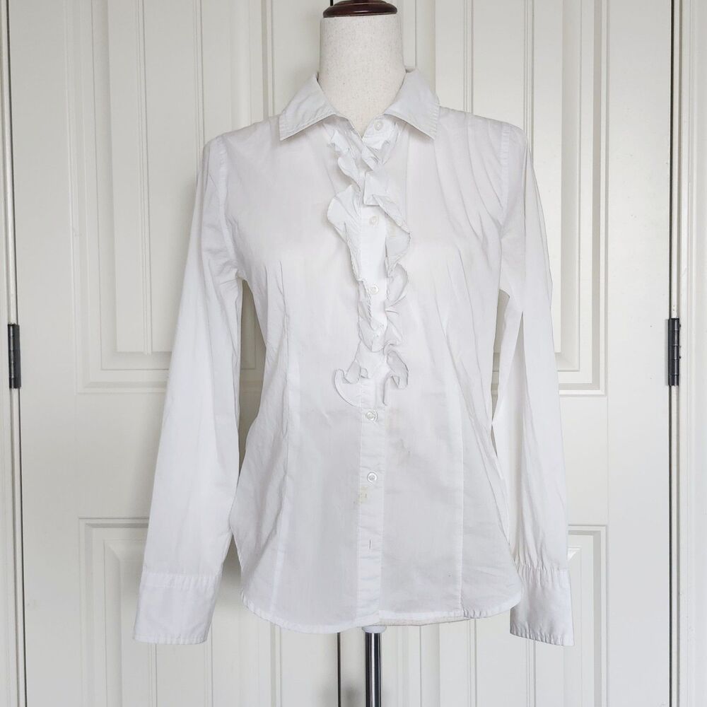 Forever 21 White Ruffle Button Up Long Sleeve Size M